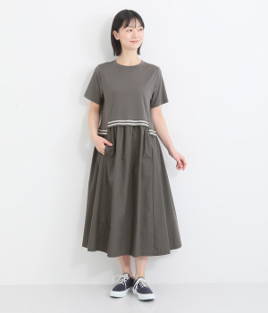 ウエストラインデザイン裾フレアワンピース(グレー-ONESIZE)