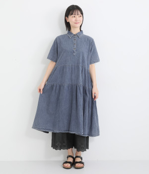 デニムティアードギャザーワンピース(ワンウォッシュ-ONESIZE)