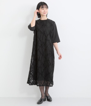 【LaLaquesera】チュールシフォンコード刺繍6分袖ワンピース(ブラック-ONESIZE)