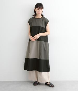 配色アシンメトリーボーダー切替首元袖リブワイドワンピース(ブラック×グレーチャコール-ONESIZE)