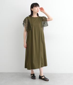 コットンスムース袖絡みレースドッキングワンピース(カーキ-ONESIZE)