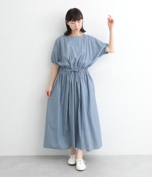 コットンデニムシャンブレーウエストゴム切替ワンピース(ブルー-ONESIZE)