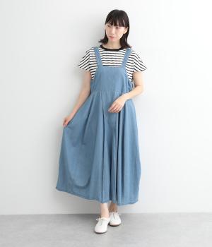 コットンデニム肩紐調節可能後ろゴムジャンパースカート(ブルー-ONESIZE)