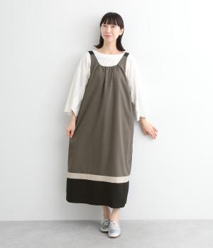 リネンタッチドライクロスバイカラージャンパースカート(ダークグレー-ONESIZE)
