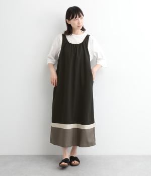 リネンタッチドライクロスバイカラージャンパースカート(ブラック-ONESIZE)