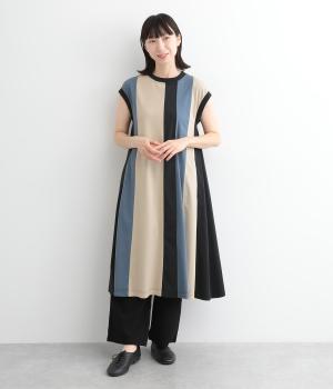 ストレッチカットソー首元袖リブ配色ストライプ切り替えワンピース(ベージュ×ブルー×ネイビー-ONESIZE)