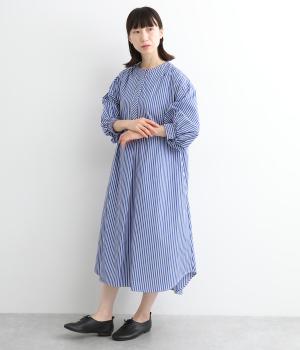 コットンストライプクロス袖ゴムギャザーフレアーワンピース(ブルー-ONESIZE)