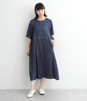 コットンデニム袖ドロストステッチ半袖ワンピース(インディゴ-ONESIZE)