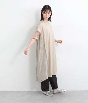 コットン天竺後ろギャザーフレア切替袖シアーTシャツワンピース(ベージュ-ONESIZE)