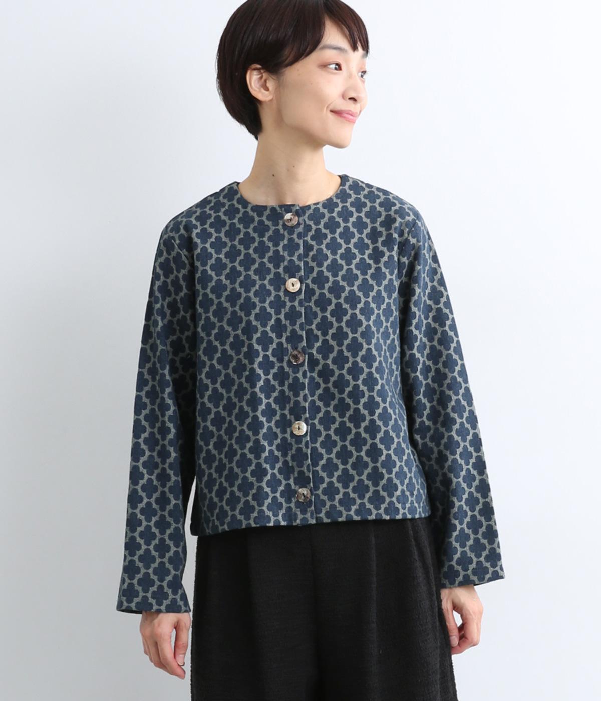 【La La que sera 】デニムジャカードノーカラージャケット(インディゴベース-F)