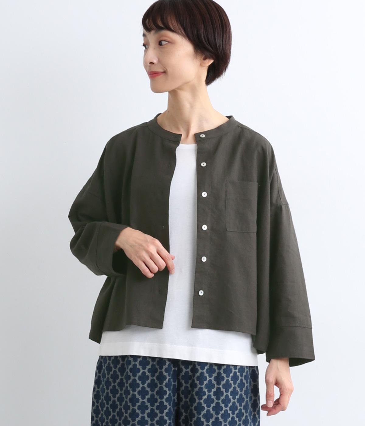 リネンコットン平織りシャツジャケット(チャコール-F)