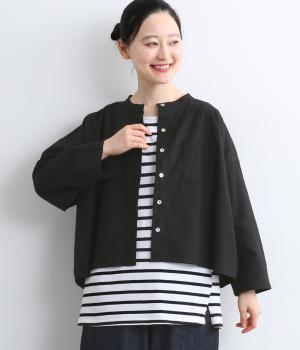 リネンコットン平織りシャツジャケット(ブラック-F)