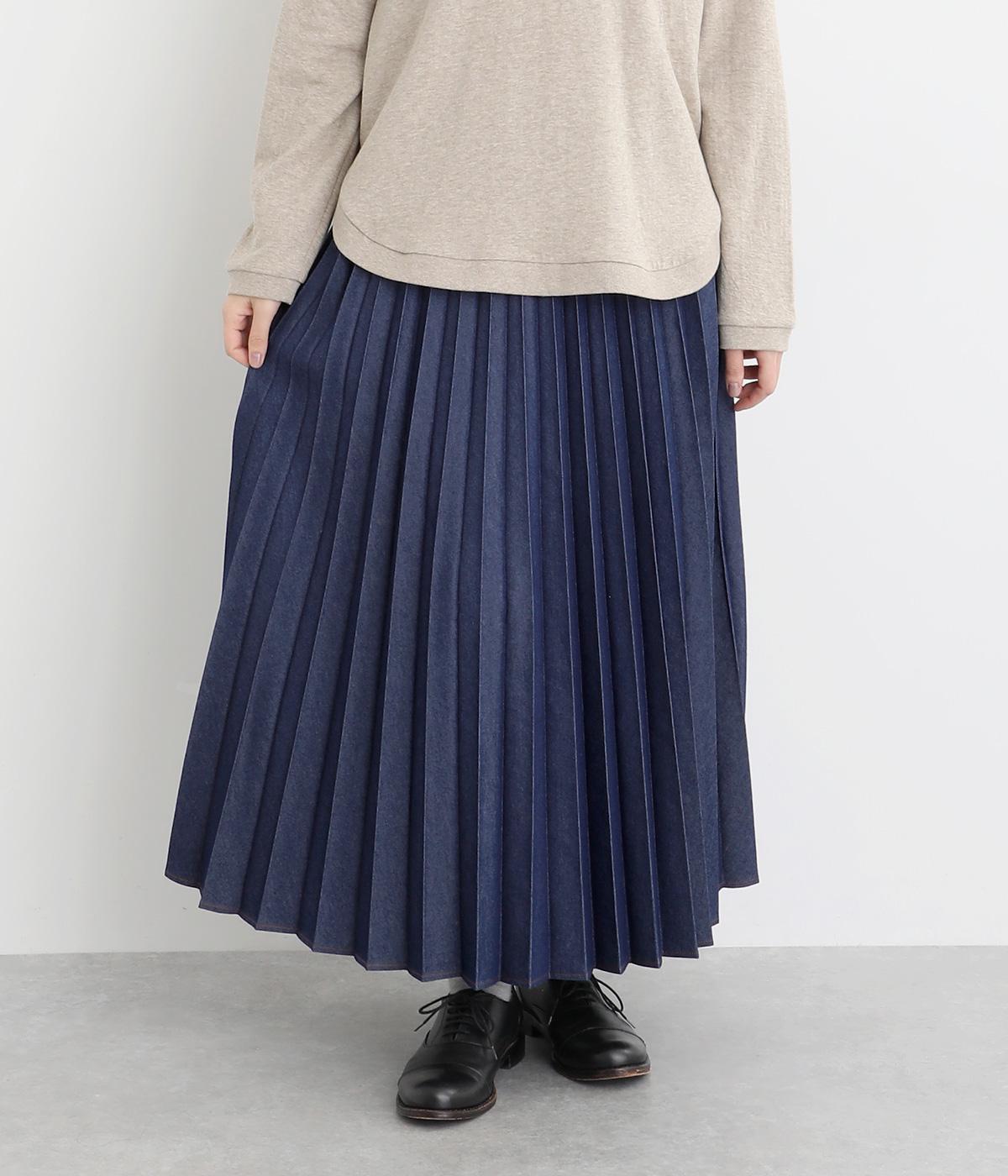 6.5ozデニムプリーツフレアスカート(ネイビー-F)