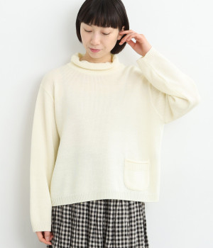 ウール混ハイネックポケット付きニットプルオーバー(オフホワイト-ONESIZE)