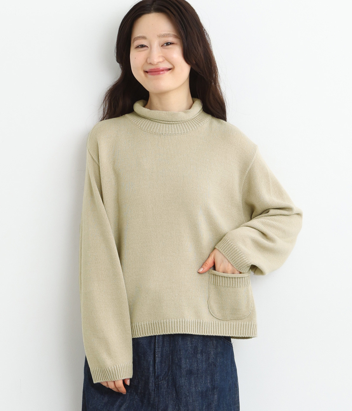 ウール混ハイネックポケット付きニットプルオーバー(スノーグレー-ONESIZE)