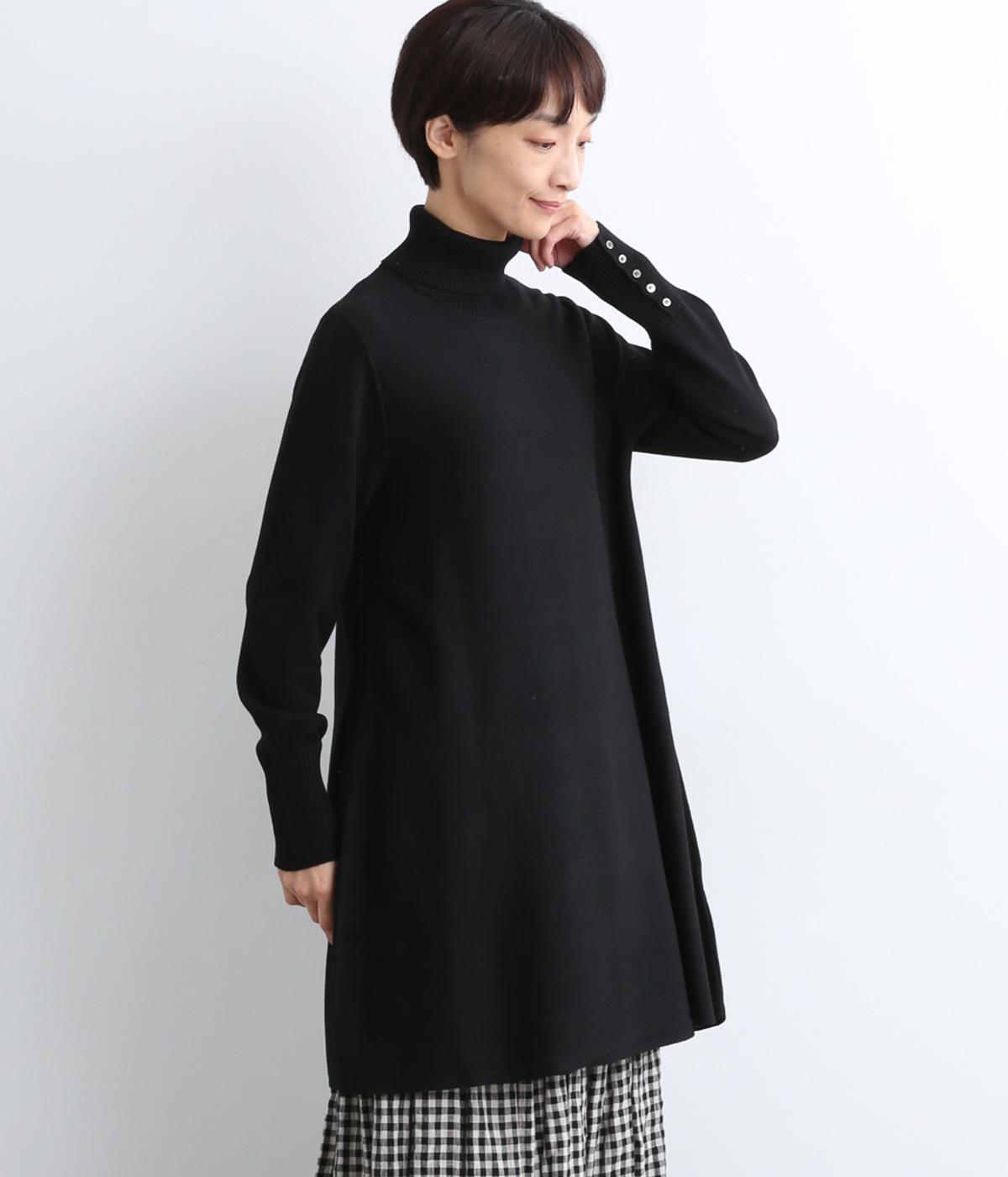 タートルネックニットフレアチュニック(ブラック-F)