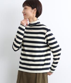 起毛ストレッチボーダータートルネック(ネイビー×ホワイト-F)