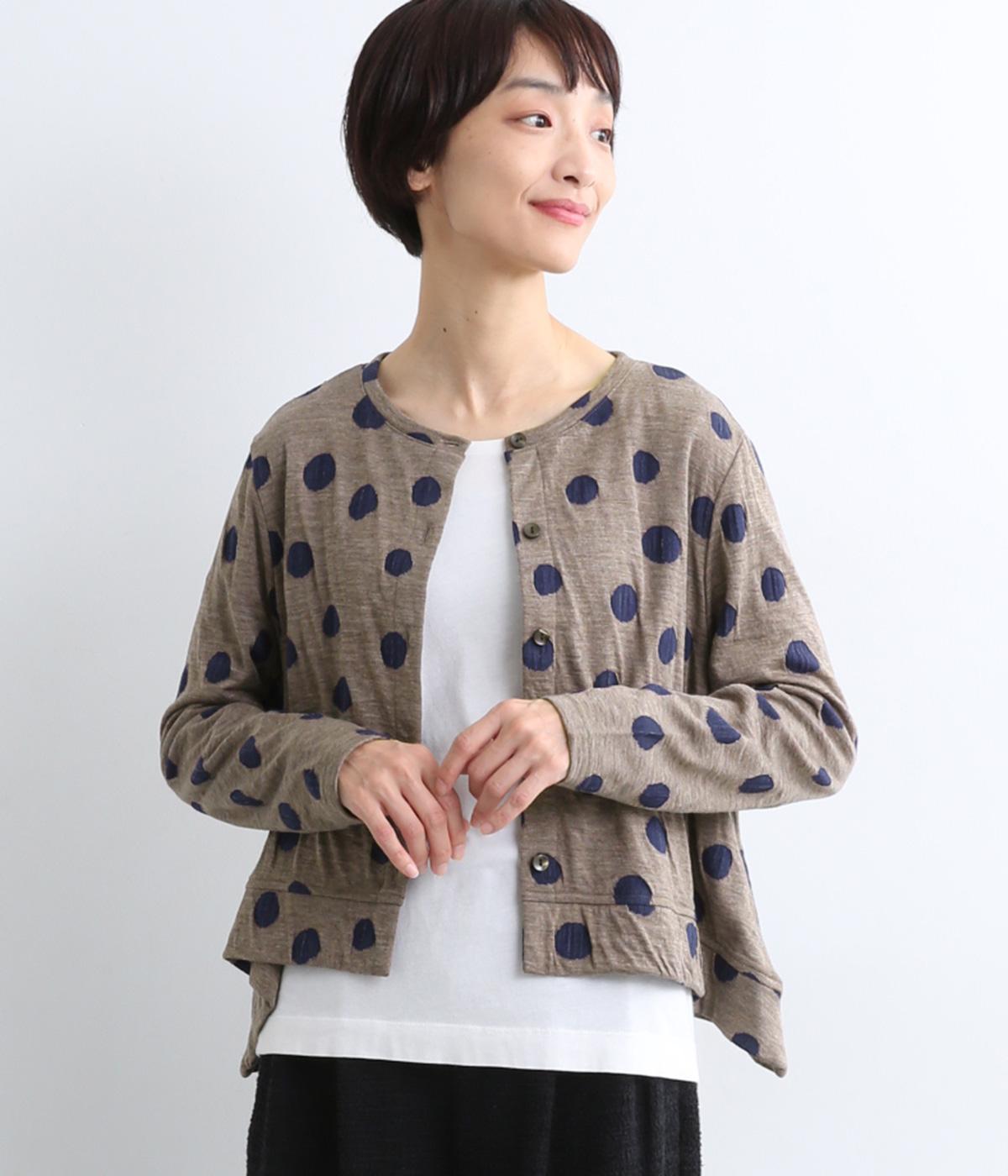 ウール混接結ドットカーディガン(モカブラウン×ネイビー-F)