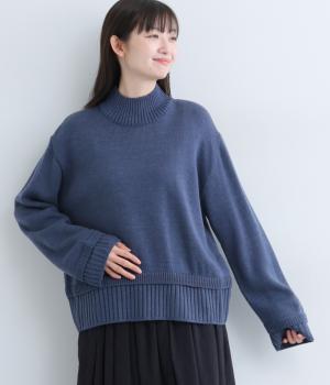 ウール混ハイネック首元裾袖リブニット(インディゴ-F)