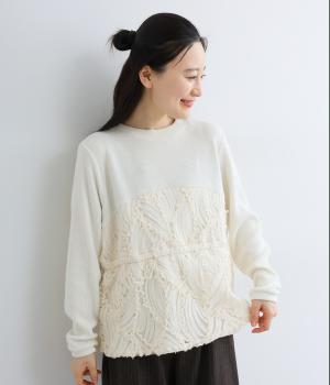 【LaLa que sera】チュールシフォン＋リブ切替プルオーバー(オフアイボリー-F)