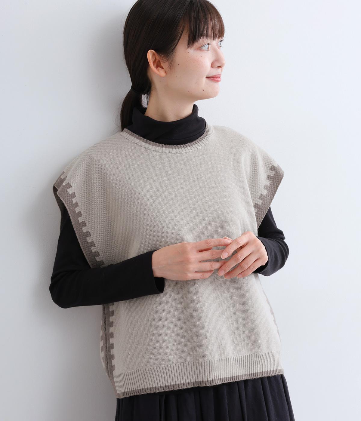 ウール混　配色ラインニットベスト(ベージュ×グレージュ-F)