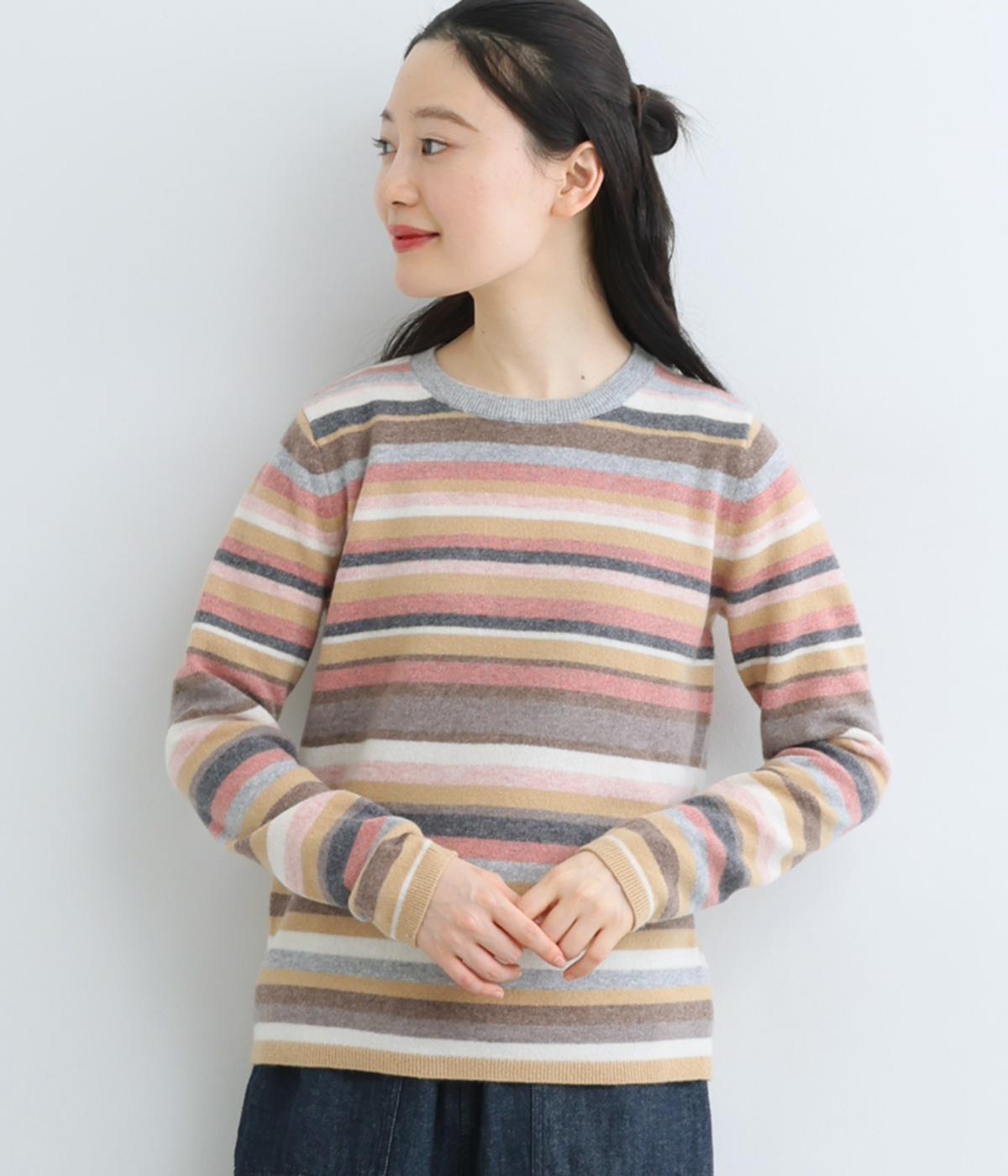 ウール　マルチボーダーニットプルオーバー(ベージュ-F)