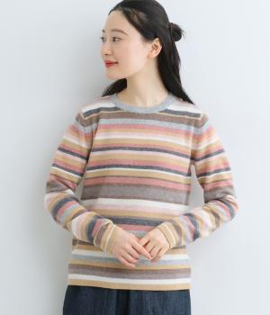 ウール　マルチボーダーニットプルオーバー(ベージュ-F)