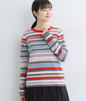 ウール　マルチボーダーニットプルオーバー(レッド-F)