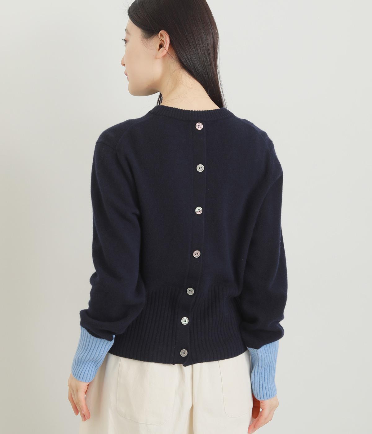 ウール　配色スリーブ　ニットプルオーバー(ネービー×サックス-F)