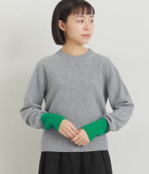 ウール　配色スリーブ　ニットプルオーバー(杢グレー×グリーン-F)