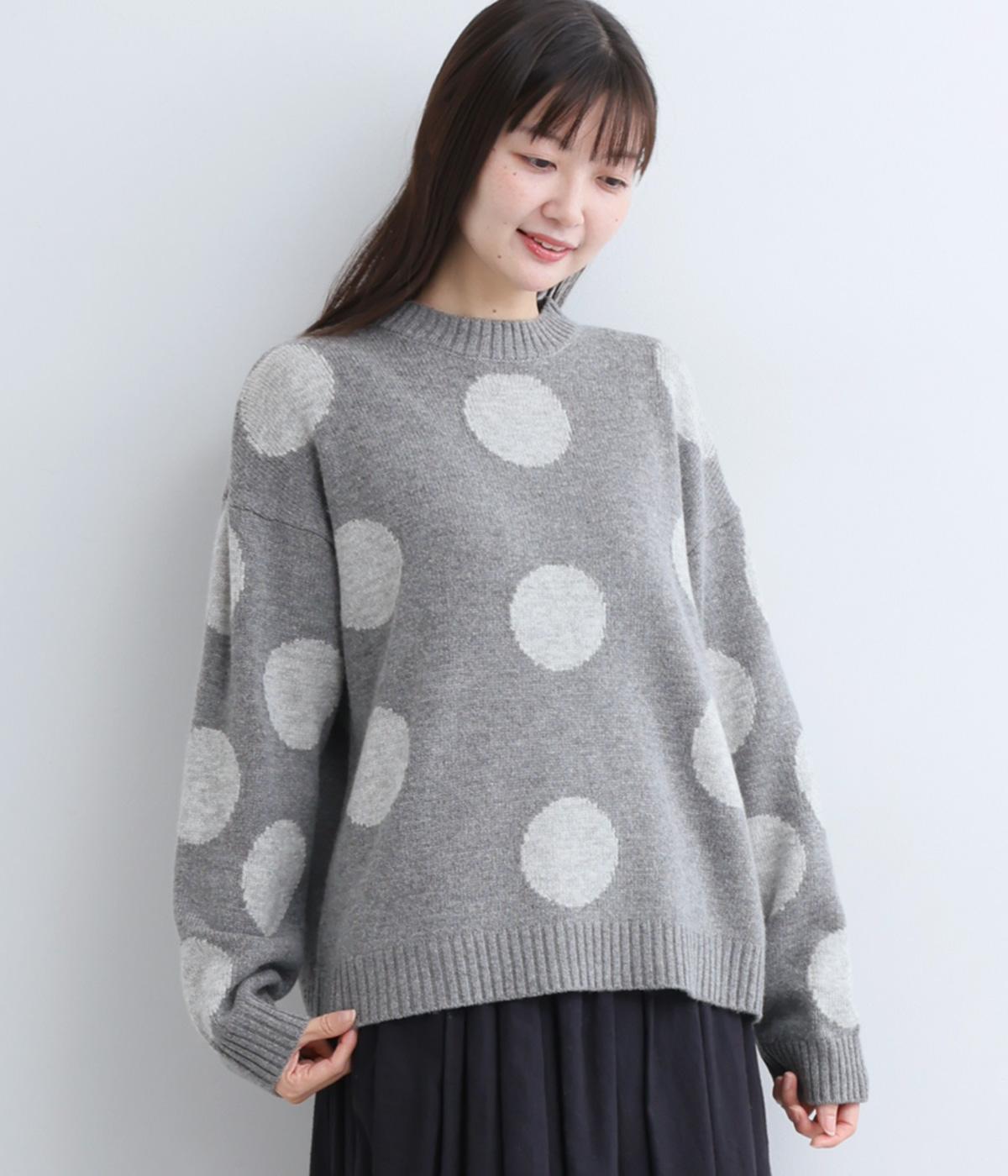 ウール混　ドットニットプルオーバー(チャコール×ライトグレー-F)