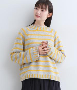 ウール混　ボーダーニットプルオーバー(ライトグレー×イエロー-F)