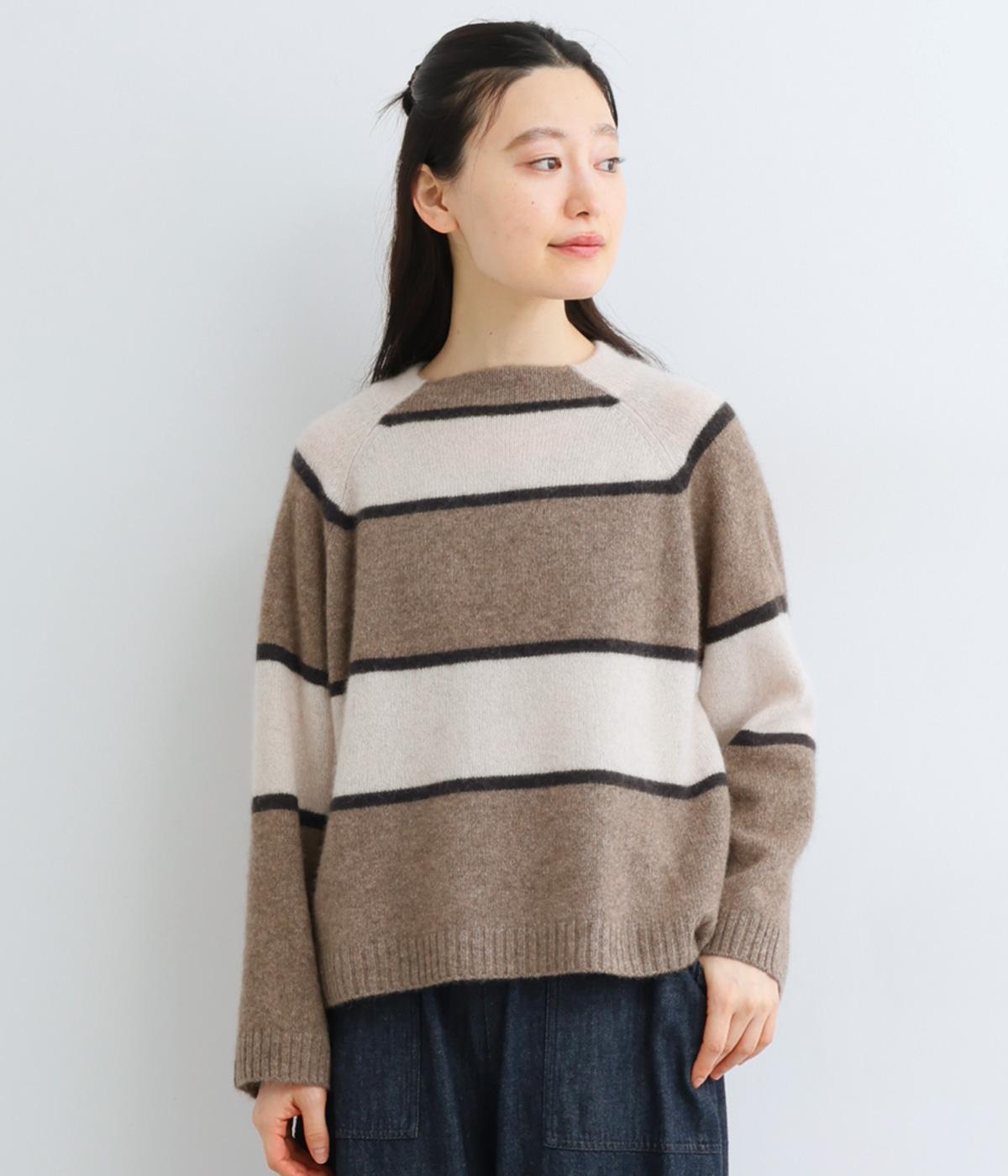 ヤク1００％ニット　ボーダープルオーバー(ブラウンベース×ブラック-F)