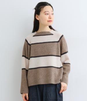 ヤク1００％ニット　ボーダープルオーバー(ブラウンベース×ブラック-F)