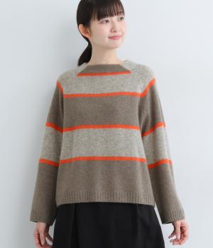 ヤク1００％ニット　ボーダープルオーバー(モカベース×オレンジ-F)