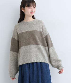 ヤク1００％ニット　ワイドライン入りプルオーバー(ミックスグレー×モカ-F)