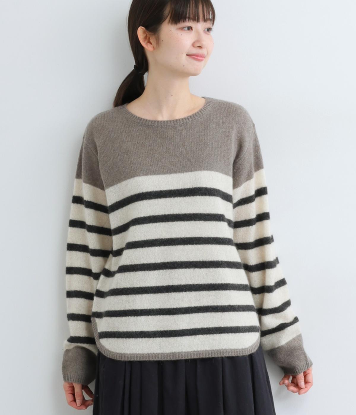 ヤク1００％ニット　マリンボーダープルオーバー(杢グレー×ホワイト×グレー-F)