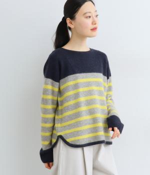 ヤク1００％ニット　マリンボーダープルオーバー(ネイビー×ライトグレー×イエロー-F)