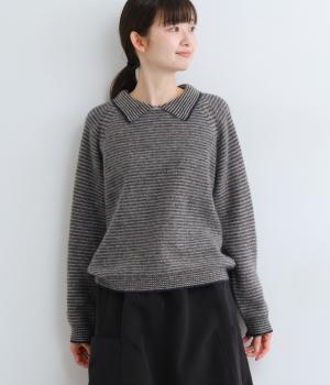 ヤク1００％ニット　ピンボーダーチビ襟プルオーバー(ネイビー×ライトグレー-F)