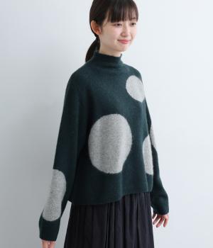 ヤク1００％ニット　モックネックドットプルオーバー(ディープグリーン-F)
