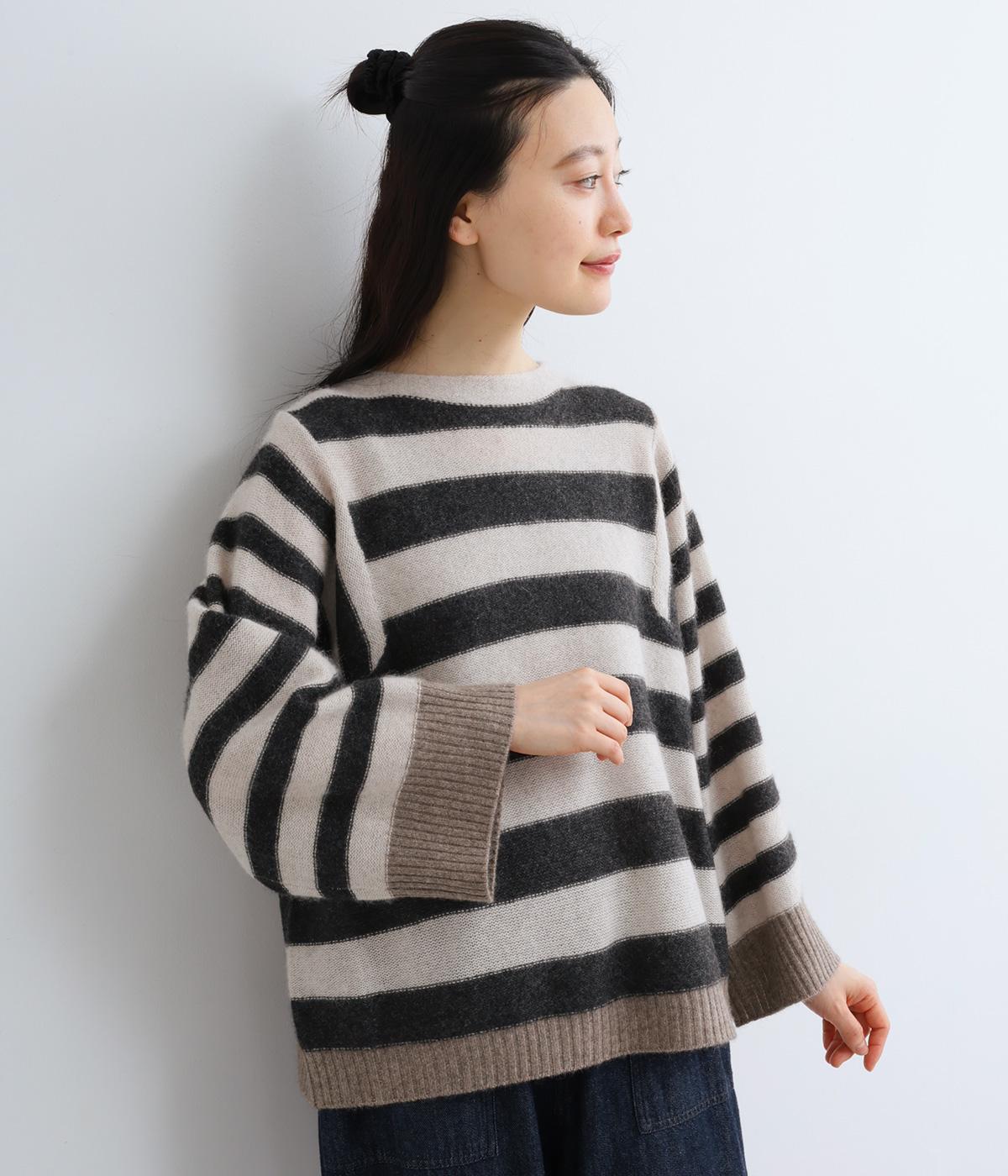 ヤク1００％ニット　切替マルチボーダープルオーバー(ベージュ×グレー×モカ-F)