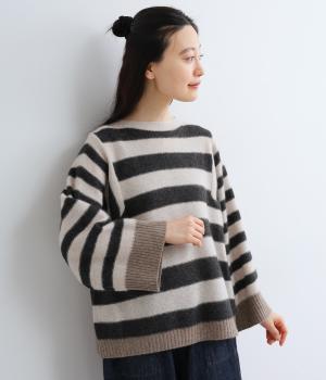 ヤク1００％ニット　切替マルチボーダープルオーバー(ベージュ×グレー×モカ-F)