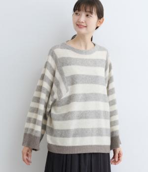ヤク1００％ニット　切替マルチボーダープルオーバー(ライトグレー×ホワイト×グレー-F)