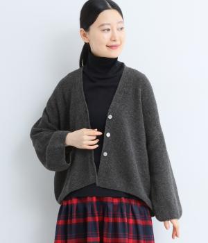 ウール鹿の子編み　Vネックニットカーディガン(杢チャコール-F)