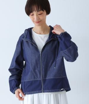 デニム×タフタ切替フード付きブルゾン