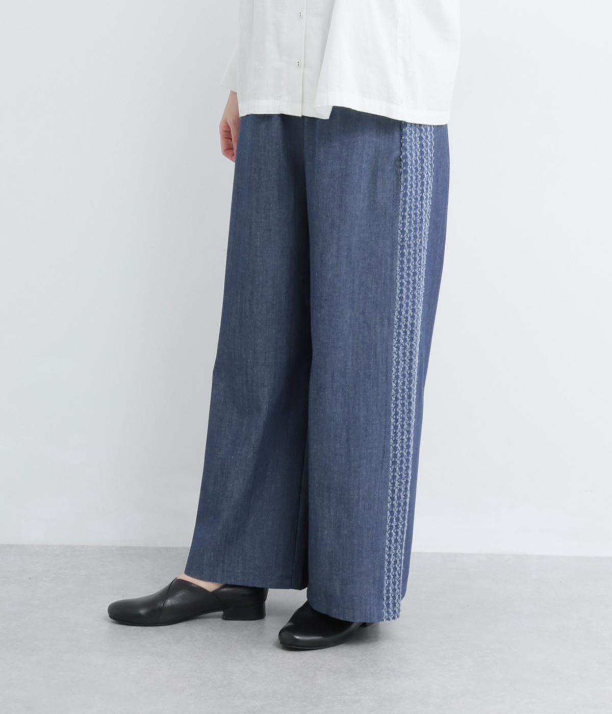 【LaLa que sera】コットンリネンデニムサイド切替セミワイドパンツ(デニムネイビー-F)