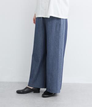 【LaLa que sera】コットンリネンデニムサイド切替セミワイドパンツ(デニムネイビー-F)