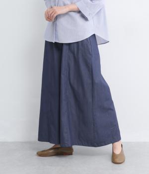 【LaLa que sera】ライトデニムセンター切替ワイドパンツ(デニムネイビー-F)