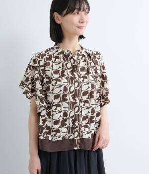 オーガンジープリントフリル袖ブラウス(ブラウン-9)