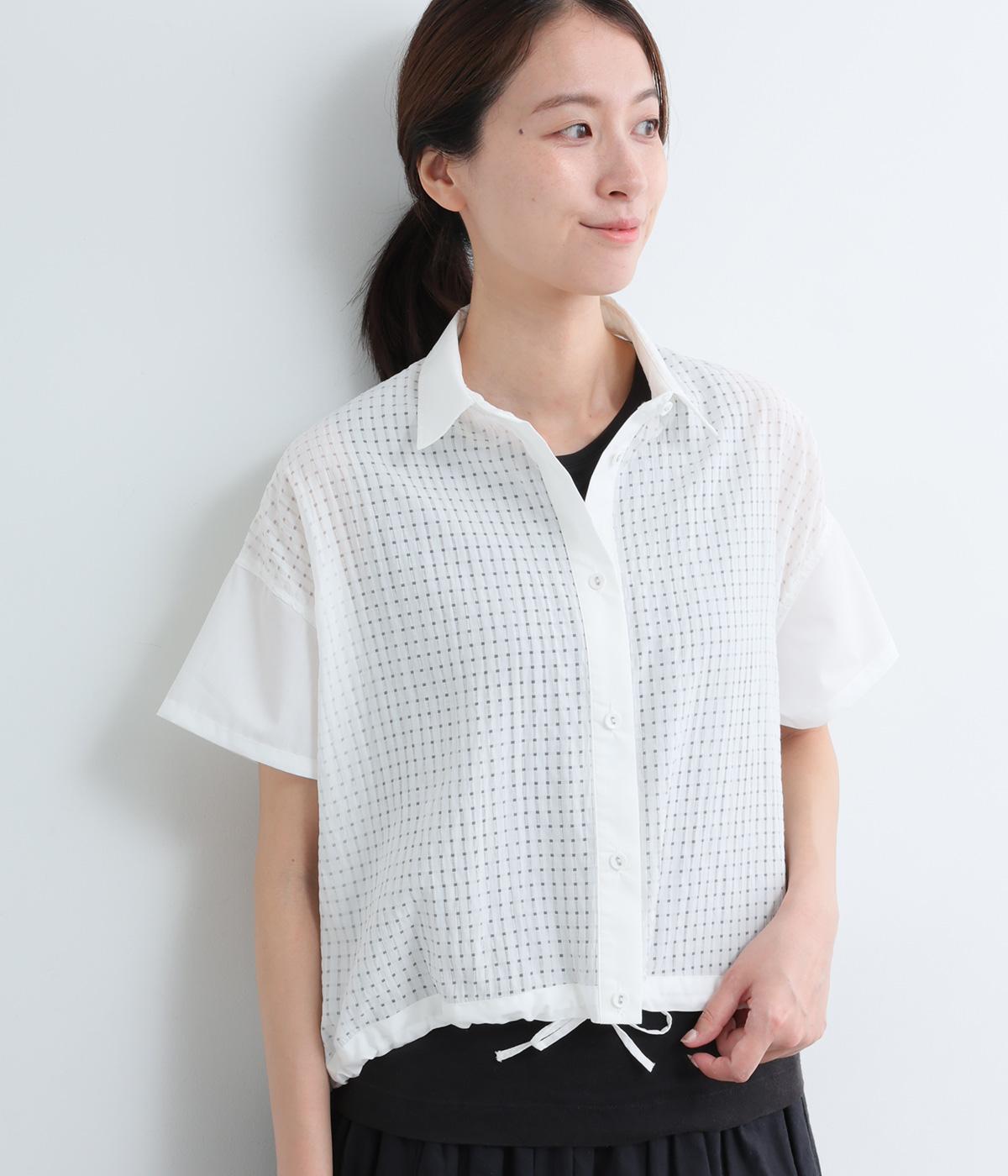 シアーチェック裾ドロストシャツ(ホワイト-9)